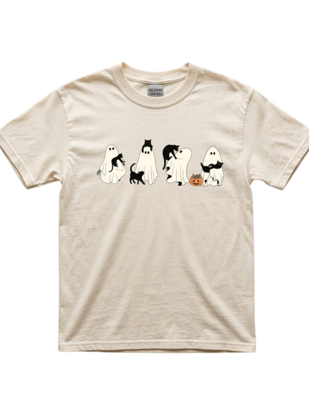 Gildan Cream Halloween Ghosts & Cat Graphic T-Shirt